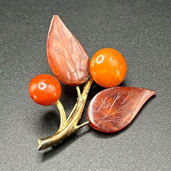 VTG Pressed Amber Leaves Deco Brooch Pin Gold Vermeil Sterling - Picture 1 of 6